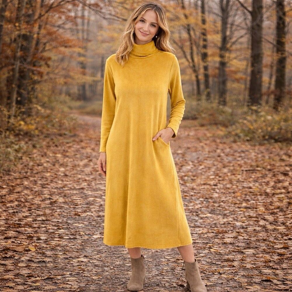 Dress Midi Turtleneck Mustard Yellow Velvet Long Sleeve  O/S NWT